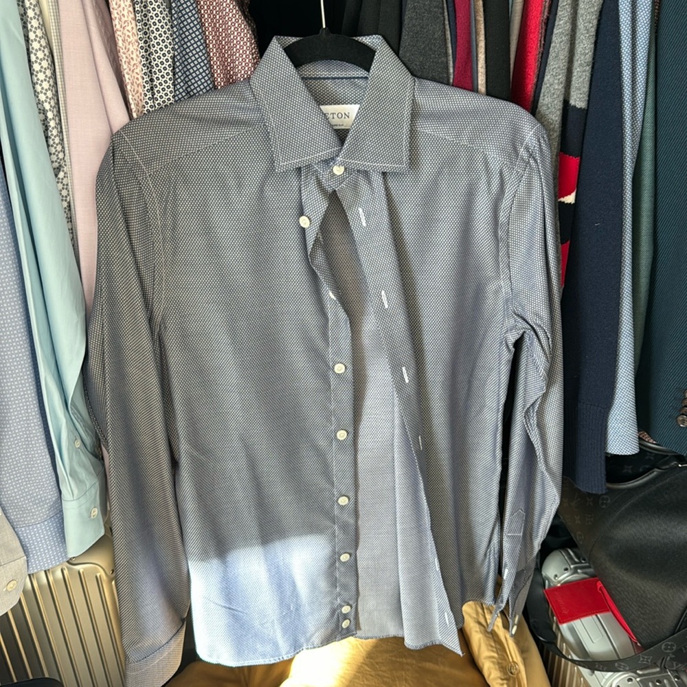 Eton Mens Button-Up Shirt Navy Diamond Dot Long Sleeve 15 Super Slim